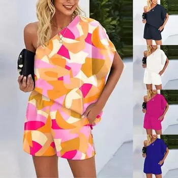 Женский повседневный свободный костюм из двух предметов с открытыми плечами и принтом на наклонных плечах XL белый