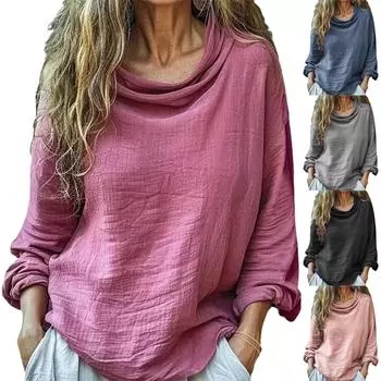 Женский повседневный свободный модный топ с длинными рукавами, однотонный, с ворсом и воротником-стойкой L чёрный