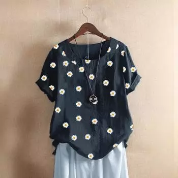 Женский повседневный свободный модный топ с коротким рукавом и круглым вырезом с цифровым принтом M темно-синий