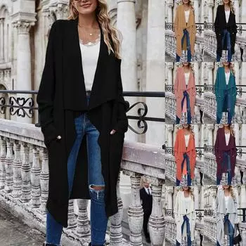 Женский повседневный свободный однотонный длинный кардиган с длинным рукавом и верхняя одежда L чёрный