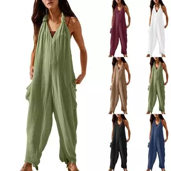 Женский повседневный свободный однотонный комбинезон без рукавов с V-образным вырезом и карманами на бретелях L чёрный