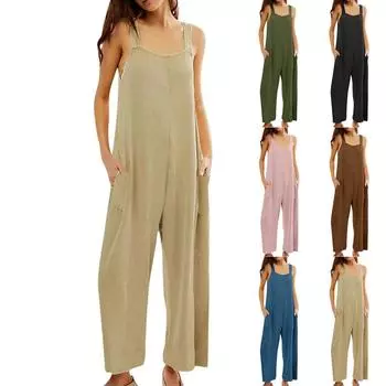 Женский повседневный свободный однотонный комбинезон без рукавов с двумя карманами и карманами L армия зеленый