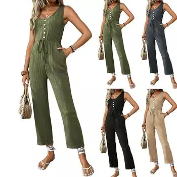 Женский повседневный свободный однотонный комбинезон без рукавов с завязками на талии S чёрный