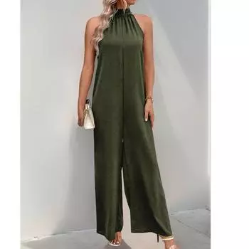 Женский повседневный свободный однотонный комбинезон без рукавов с открытыми плечами и прямыми штанинами S армия зеленый