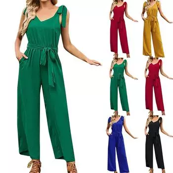 Женский повседневный свободный однотонный комбинезон без рукавов с завязками и укороченными брюками L чёрный