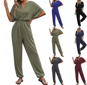 Женский повседневный свободный однотонный комбинезон с V-образным вырезом и короткими рукавами, брюки-комбинезон с короткими рукавами L армия зеленый