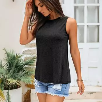 Женский повседневный свободный однотонный топ без рукавов с круглым вырезом, летние майки для женщин, майка-камисоль без рукавов, базовые однотонные топы L чёрный