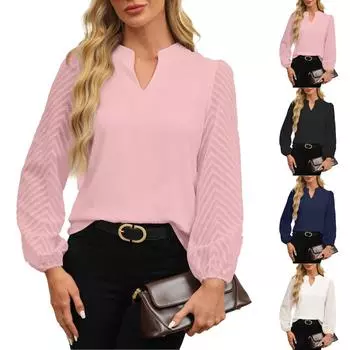 Женский повседневный свободный однотонный топ из шифона с V-образным вырезом и кружевом Топ из шифона с V-образным вырезом и кружевом XXL чёрный