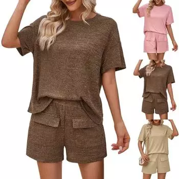 Женский повседневный свободный однотонный топ с круглым вырезом и короткими рукавами, шорты, костюм L бежевый