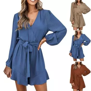 Женский повседневный свободный однотонный укороченный комбинезон с V-образным вырезом и длинными рукавами XL