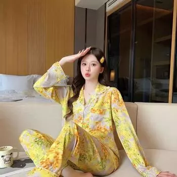 Женский повседневный свободный пижамный комплект весна-осень с длинными рукавами пижамный костюм тонкий ледяной шелк роскошная домашняя одежда женская пижама для общежития M