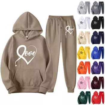 Женский повседневный свободный пуловер с длинными рукавами, толстовка с капюшоном на шнурке и принтом «День святого Валентина», из двух частей L бежевый