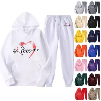 Женский повседневный свободный пуловер с длинными рукавами, толстовка с капюшоном на шнурке и принтом «День святого Валентина», из двух частей L бежевый