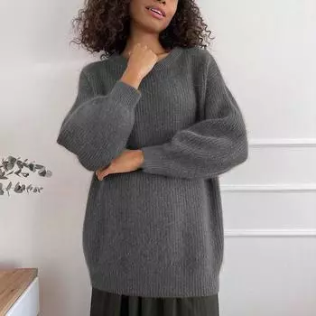 Женский повседневный свободный свитер с длинным рукавом и круглым вырезом, однотонный универсальный вязаный свитер на осень-зиму, толстые базовые вязаные топы One size чёрный
