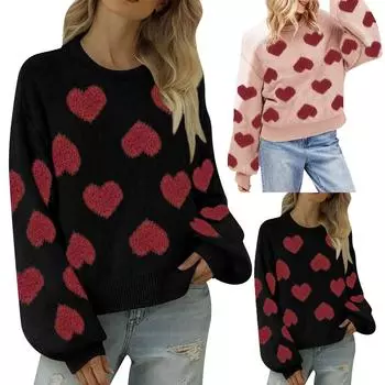 Женский повседневный свободный свитер с длинными рукавами и круглым вырезом на День святого Валентина, контрастный цветной пуловер M чёрный