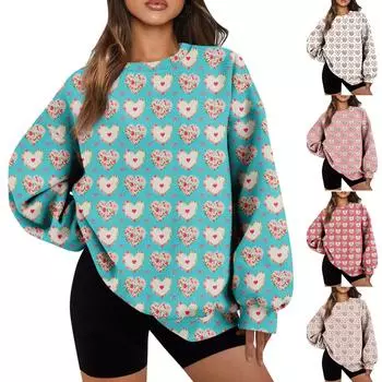 Женский повседневный свободный свитер с круглым вырезом и длинными рукавами с принтом и карманом L хаки