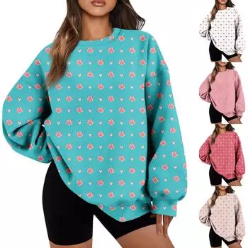 Женский повседневный свободный свитер с круглым вырезом и длинными рукавами с принтом и карманом L