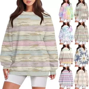 Женский повседневный свободный свитер с круглым вырезом и длинными рукавами с принтом и карманом L бежевый