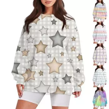 Женский повседневный свободный свитер с круглым вырезом и длинными рукавами с принтом и карманом L