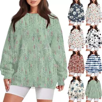 Женский повседневный свободный свитер с круглым вырезом и длинными рукавами с принтом и карманом L бежевый