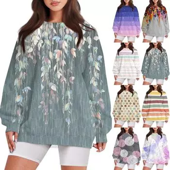 Женский повседневный свободный свитер с круглым вырезом и длинными рукавами с принтом и карманом L