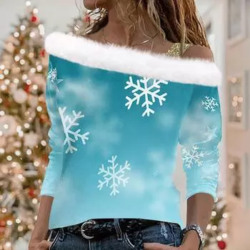 Женский повседневный свободный топ с длинными рукавами и рождественским принтом из плюша XXL