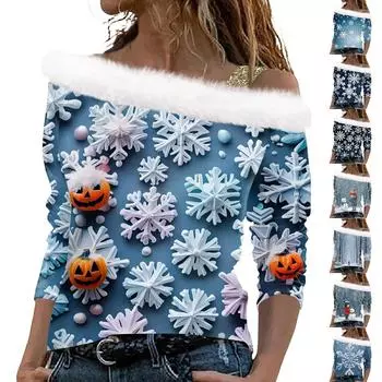 Женский повседневный свободный топ с длинными рукавами и рождественским принтом из плюша L