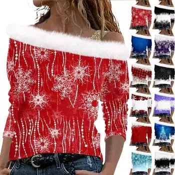 Женский повседневный свободный топ с длинными рукавами и рождественским принтом из плюша XL