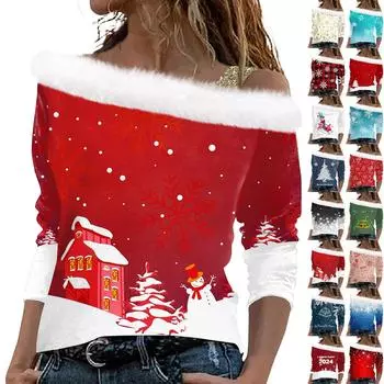 Женский повседневный свободный топ с длинными рукавами и рождественским принтом из плюша L киноварь