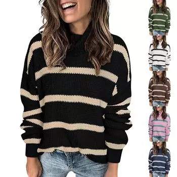 Женский повседневный свободный топ с длинными рукавами и высоким воротом в полоску с цветными блоками L чёрный