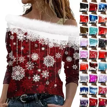 Женский повседневный свободный топ с длинными рукавами и рождественским принтом из плюша S красный