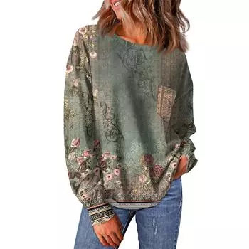 Женский повседневный свободный топ с круглым вырезом и карманами с винтажным цветочным принтом и длинными рукавами L армия зеленый