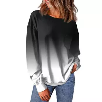 Женский повседневный свободный топ с круглым вырезом и карманами с градиентным принтом и длинными рукавами L чёрный