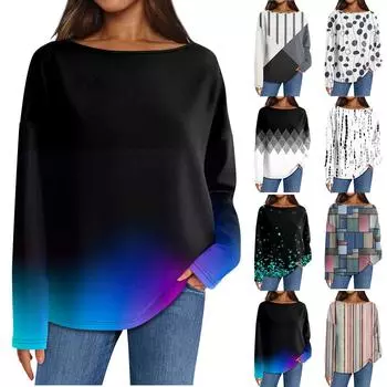 Женский повседневный свободный топ с круглым вырезом и длинными рукавами с принтом M чёрный