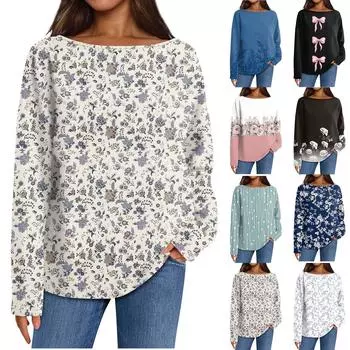 Женский повседневный свободный топ с круглым вырезом и длинными рукавами с принтом L