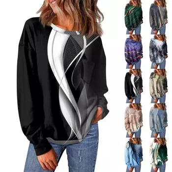 Женский повседневный свободный топ с круглым вырезом и карманами с градиентным принтом и длинными рукавами L чёрный