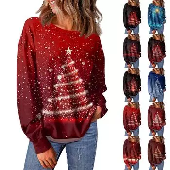 Женский повседневный свободный топ с круглым вырезом и карманами с рождественским принтом и длинными рукавами L чёрный