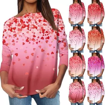 Женский повседневный свободный топ с круглым вырезом и длинными рукавами с принтом M винный