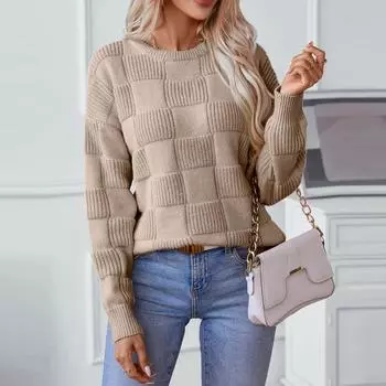 Женский повседневный свободный трикотажный свитер с круглым вырезом и длинными рукавами L