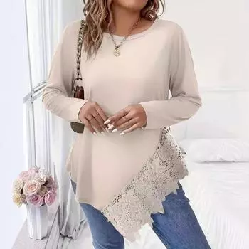 Женский повседневный свободный трикотажный топ с длинными рукавами в стиле пэчворк из кружева S абрикосовый