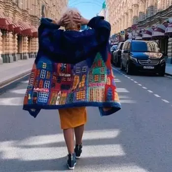 Женский повседневный свободный твидовый жакет с длинными рукавами и принтом one size синий