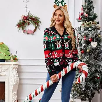 Женский повседневный свободный вязаный кардиган с V-образным вырезом, осенне-зимний однобортный рождественский свитер с длинными рукавами S чёрный