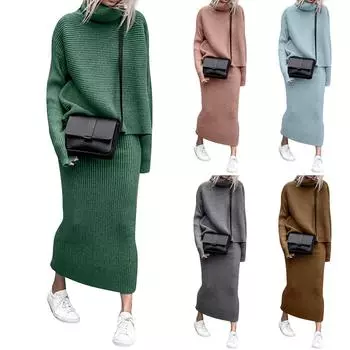 Женский повседневный свободный вязаный свитер, длинная юбка, комплект из двух предметов XXL зелёный