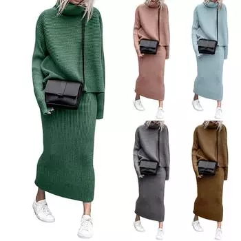 Женский повседневный свободный вязаный свитер, длинная юбка, комплект из двух предметов L зелёный