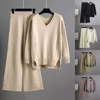 Женский повседневный свободный вязаный свитер с V-образным вырезом, топ и брюки, комплект из двух предметов One Size темно-фиолетового