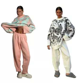 Женский повседневный теплый свитер, свитер контрастного цвета, прямые брюки, комплект из двух предметов S