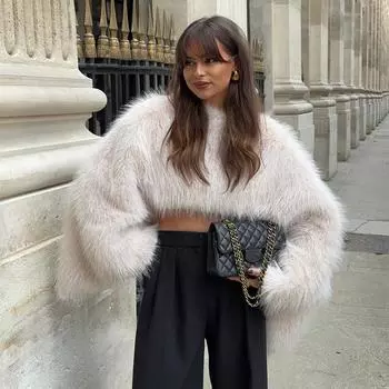 Женский повседневный толстый искусственный меховой пуловер однотонный свободный длинный рукав с круглым вырезом толстовка осень-зима теплый укороченный короткий топ S белый
