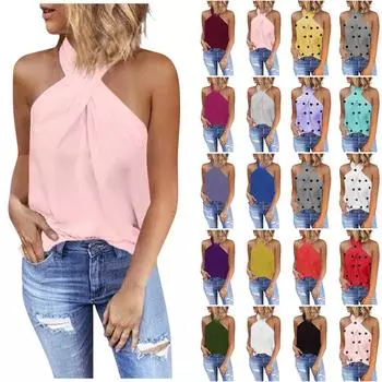 Женский повседневный тонкий топ на молнии с подвесным воротником, однотонный топ без рукавов с вышивкой L синий