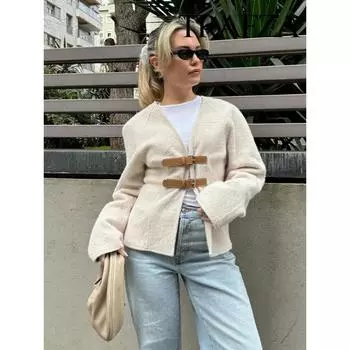 Женский повседневный тонкий трикотажный топ с V-образным вырезом и длинными рукавами, украшение на поясе, кардиган, женский весенний модный свитер, пальто S бежевый