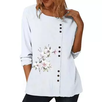 Женский повседневный топ белого цвета с длинными рукавами, круглым вырезом, 6 модными цветочными принтами и пуговицами S